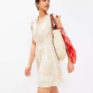 NEW Loft Tie Neck Flutter Sleeve Mini Dress In Tile Pattern | Beige / Tan | XXS